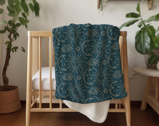 Celestial - Teal and Gold Beige, Sherpa Fleece Blanket, Decor, Kids Bedding, Children's Room, Teal Blue Green Fleece Blanket
