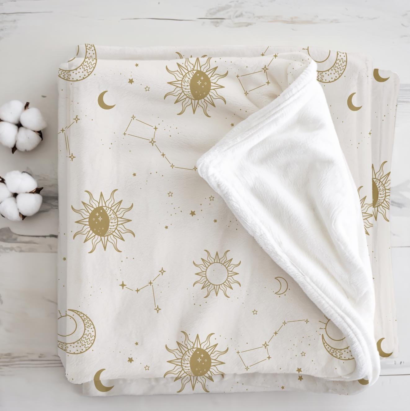 Celestial - Beige and Gold, Sherpa Fleece Blanket, Decor, Kids Bedding, Blankets, Children's Room, Stars and Moon, Boho Kids Blanket