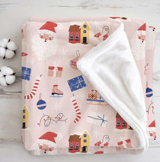 Christmas - Jolly Pink, Sherpa Fleece Blanket, Decor, Kids Bedding, Blankets, Children's Room, Christmas Festive Blanket