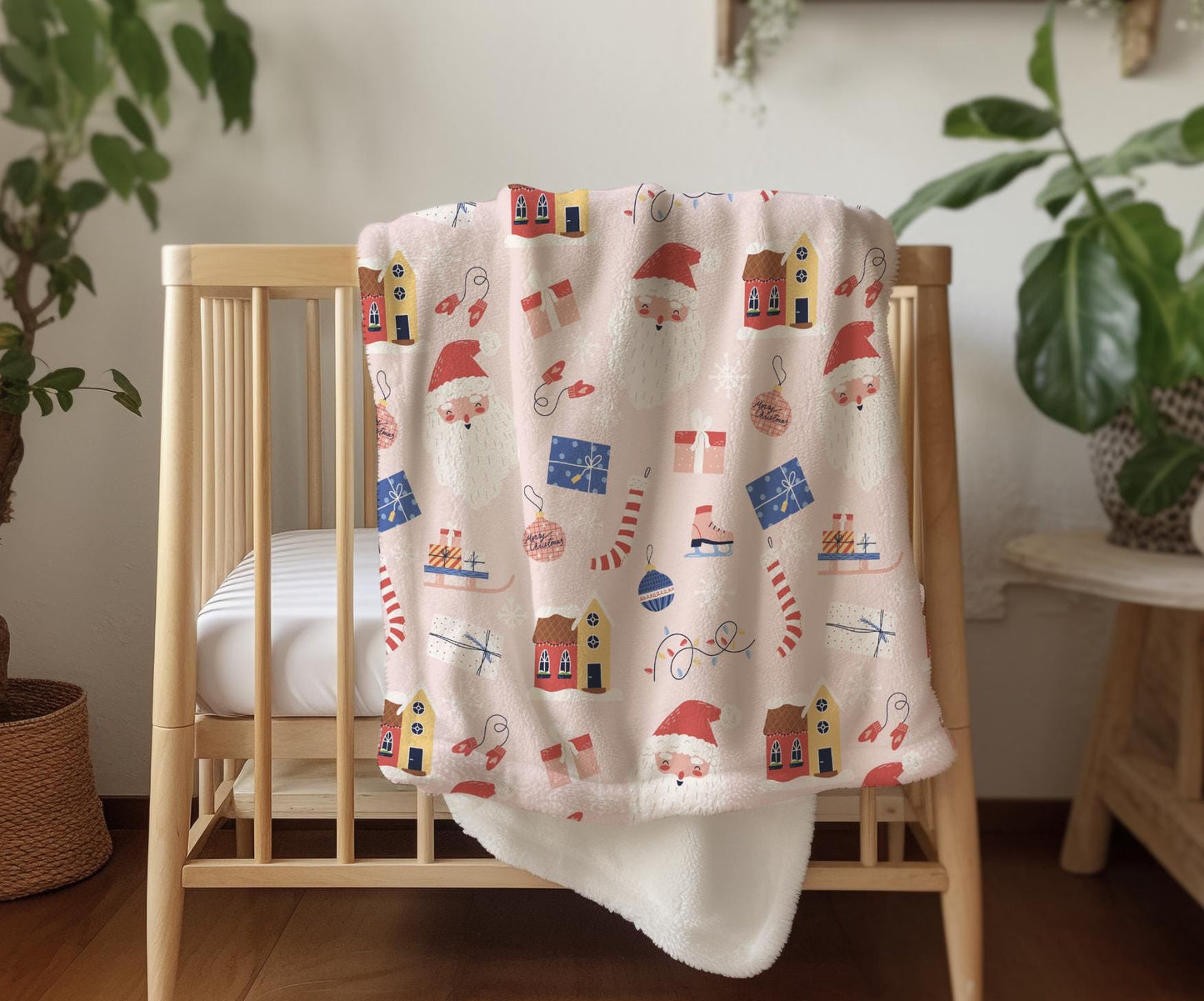 Christmas - Jolly Pink, Sherpa Fleece Blanket, Decor, Kids Bedding, Blankets, Children's Room, Christmas Festive Blanket
