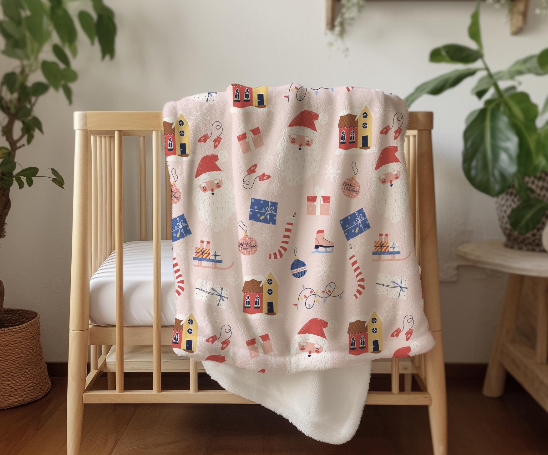 Christmas - Jolly Pink, Sherpa Fleece Blanket, Decor, Kids Bedding, Blankets, Children's Room, Christmas Festive Blanket