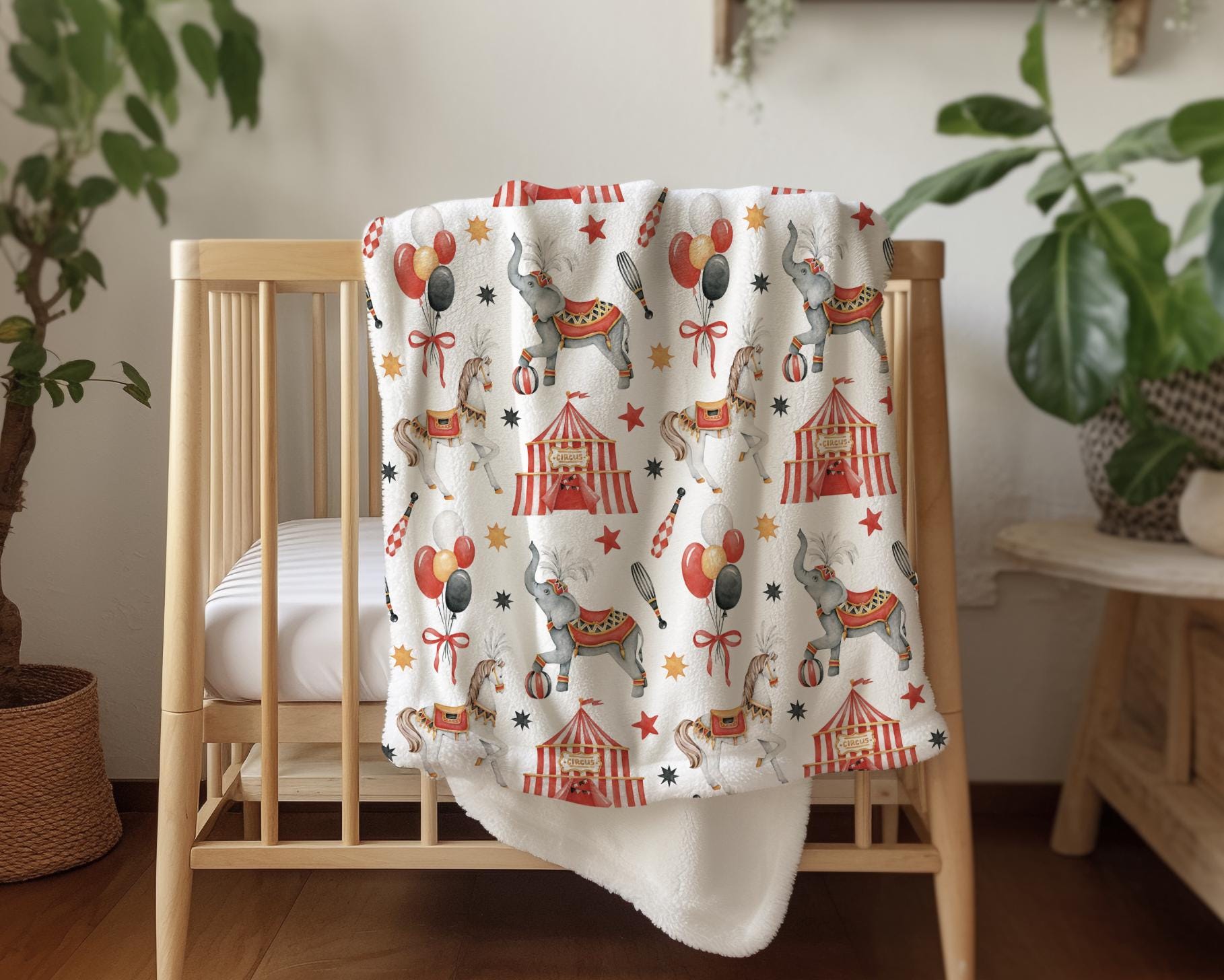Circus - Red, Sherpa Fleece Blanket, Decor, Kids Bedding, Blankets, Children's Room, Circus Tent, Elephants, Red, Balloons Blanket