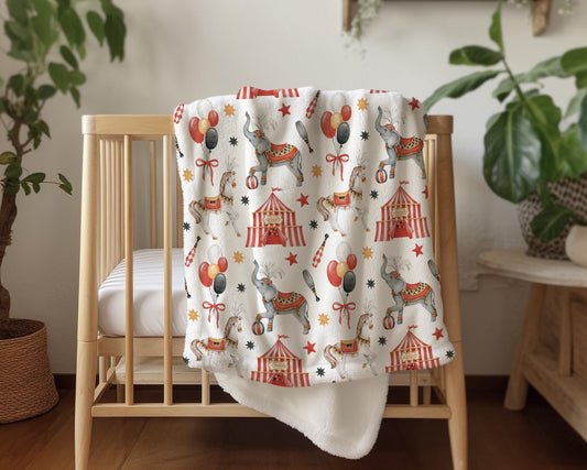 Circus - Red, Sherpa Fleece Blanket, Decor, Kids Bedding, Blankets, Children's Room, Circus Tent, Elephants, Red, Balloons Blanket