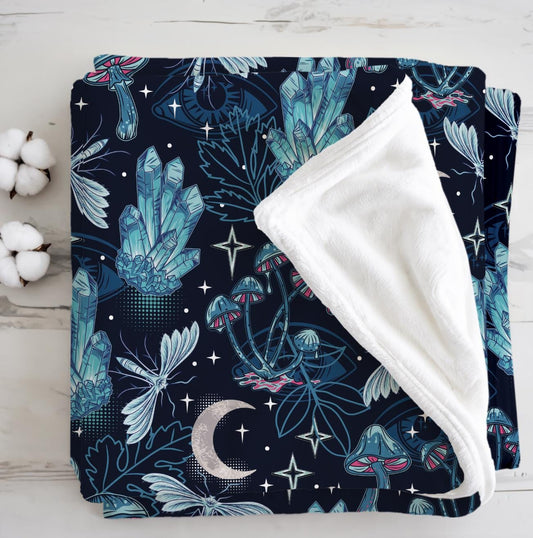 Crystals - Blue, Sherpa Fleece Blanket, Decor, Kids Bedding, Blankets, Children's Room, Crystals Moon Butterflies Celestial Blanket