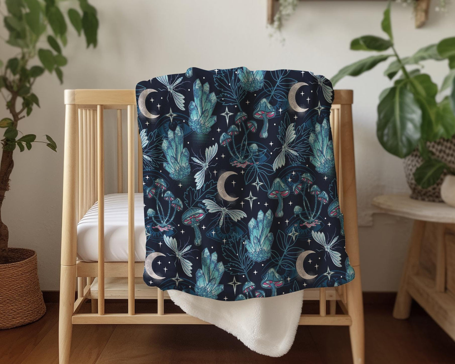 Crystals - Blue, Sherpa Fleece Blanket, Decor, Kids Bedding, Blankets, Children's Room, Crystals Moon Butterflies Celestial Blanket