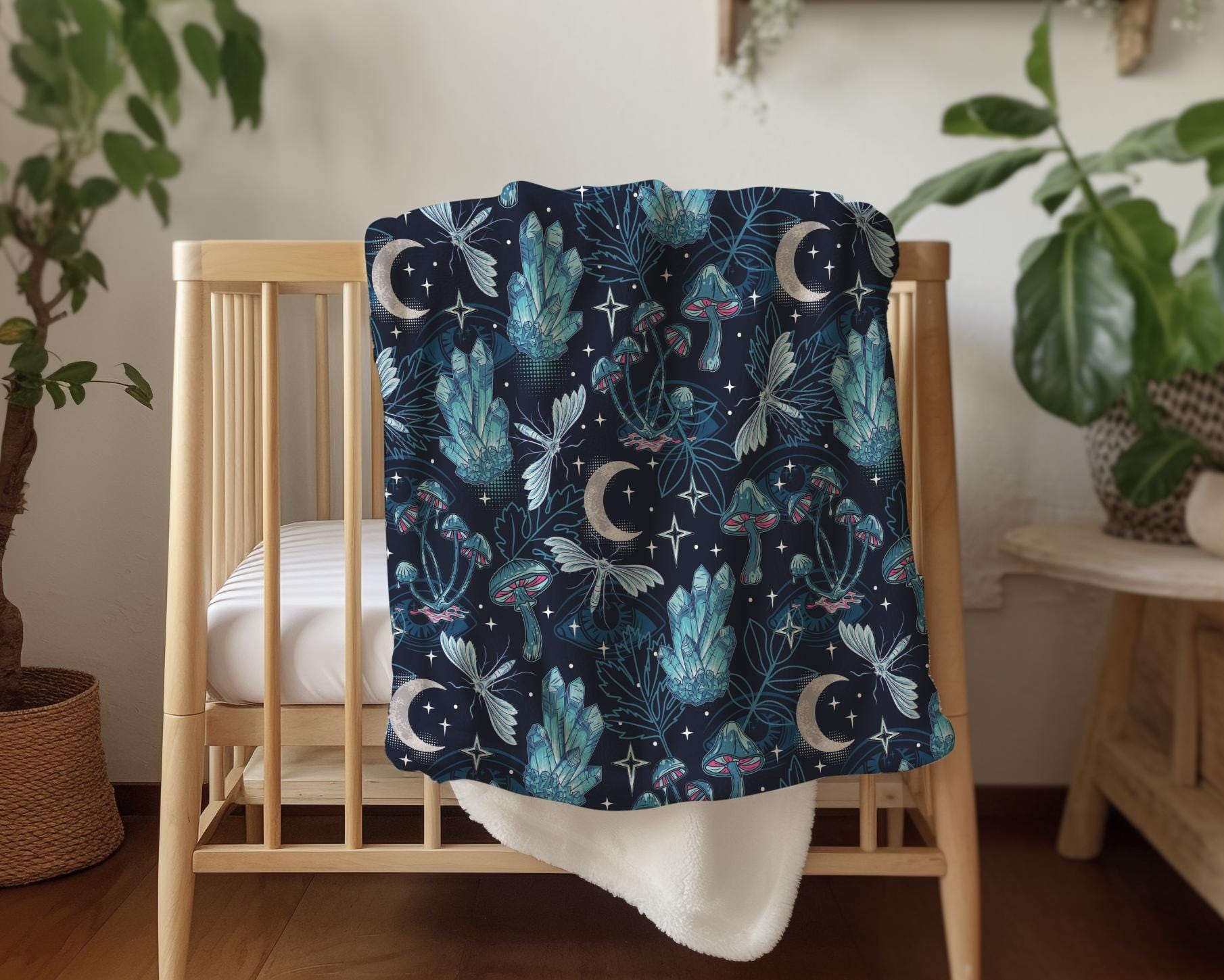 Crystals - Blue, Sherpa Fleece Blanket, Decor, Kids Bedding, Blankets, Children's Room, Crystals Moon Butterflies Celestial Blanket
