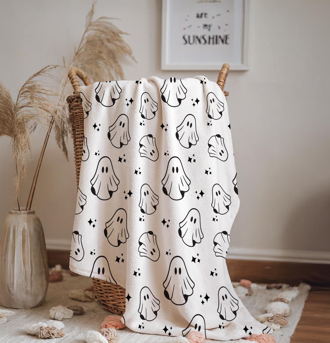 Ghosts - Monochrome, Sherpa Fleece Blanket, Decor, Kids Bedding, Blankets, Children's Room, Halloween Ghosts, Fleece Blanket
