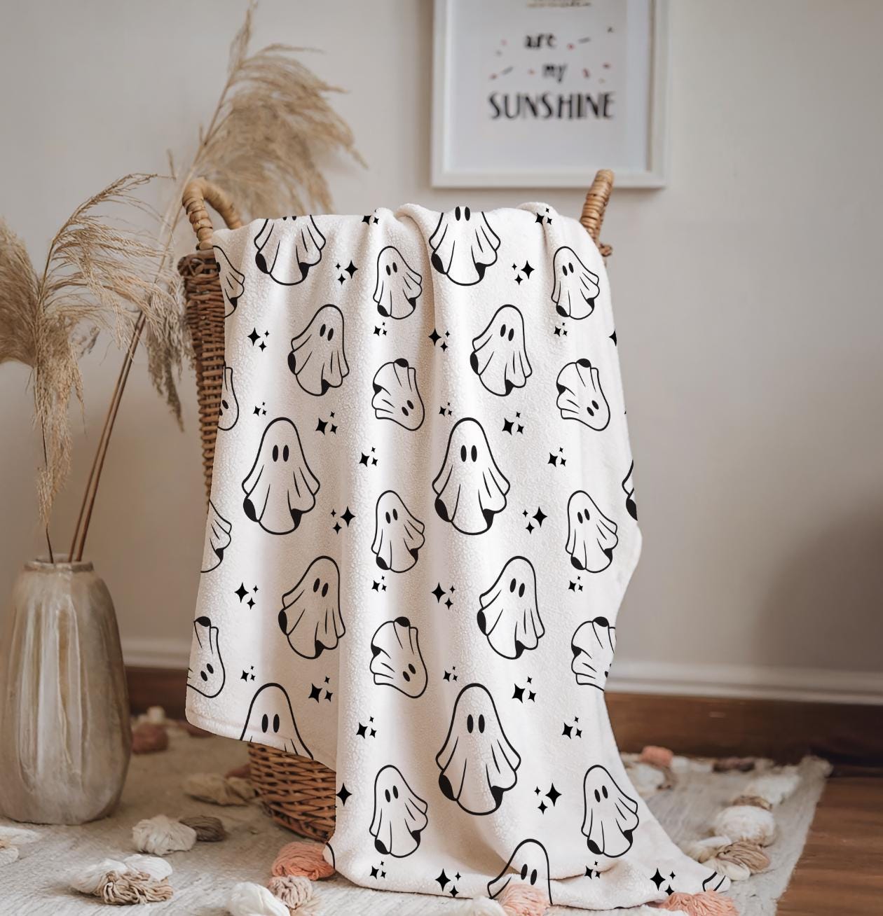 Ghosts - Monochrome, Sherpa Fleece Blanket, Decor, Kids Bedding, Blankets, Children's Room, Halloween Ghosts, Fleece Blanket