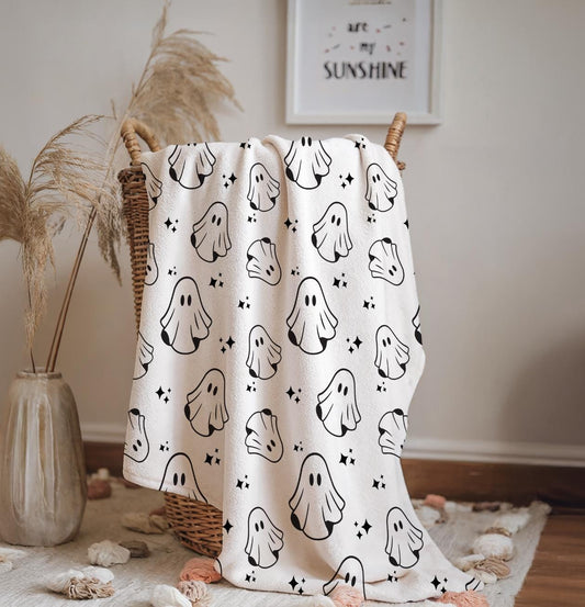 Ghosts - Monochrome, Sherpa Fleece Blanket, Decor, Kids Bedding, Blankets, Children's Room, Halloween Ghosts, Fleece Blanket
