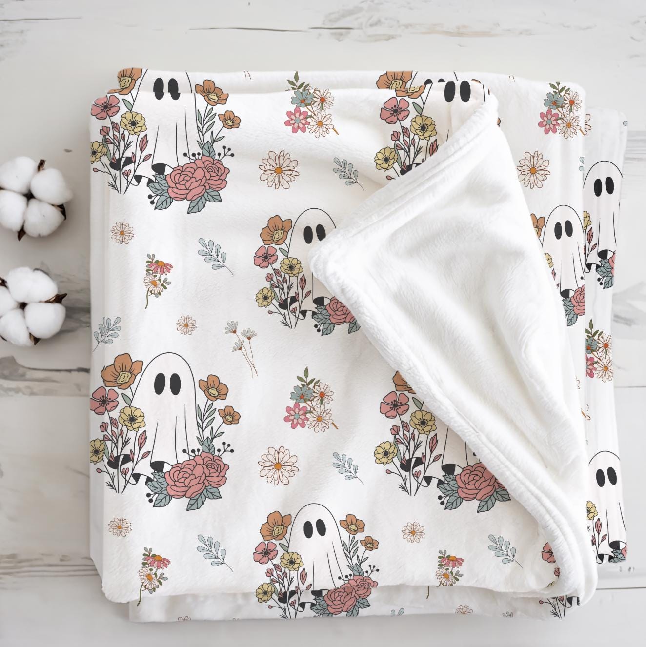 Ghosts - Floral, Sherpa Fleece Blanket, Decor, Kids Bedding, Blankets, Children's Room, Halloween Ghosts with Flowers, Fleece Blanket