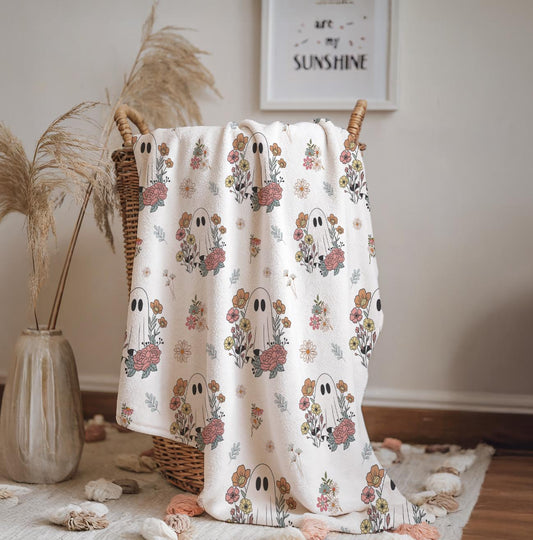 Ghosts - Floral, Sherpa Fleece Blanket, Decor, Kids Bedding, Blankets, Children's Room, Halloween Ghosts with Flowers, Fleece Blanket