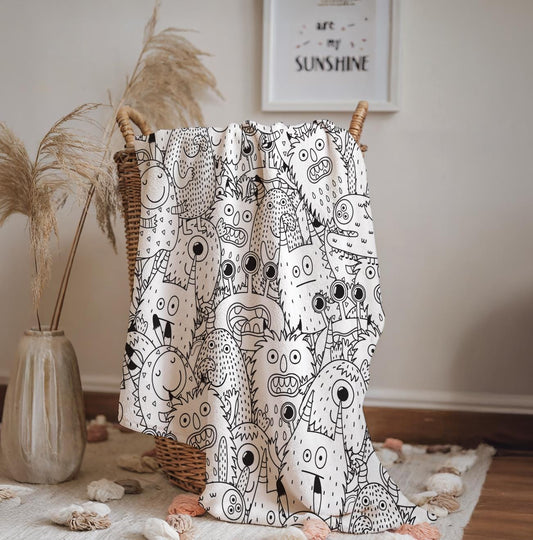 Monsters - Doodles, Sherpa Fleece Blanket, Decor, Kids Bedding, Blankets, Children's Room, Halloween Monsters, Line Doodle Fleece Blanket