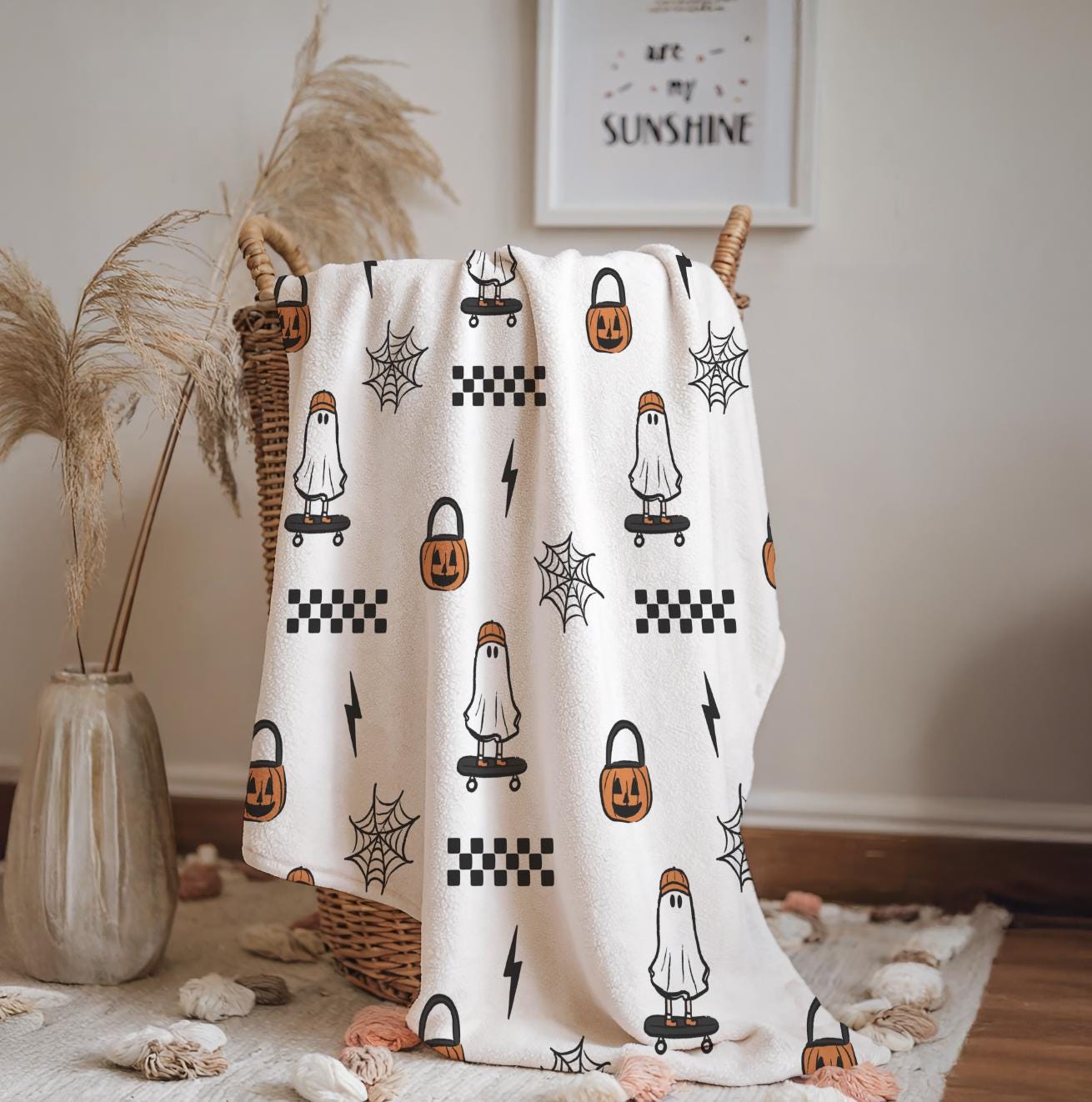 Ghost - Skateboard, Sherpa Fleece Blanket, Decor, Kids Bedding, Blankets, Children's, Halloween Ghost - Skateboard Checkered, Fleece Blanket