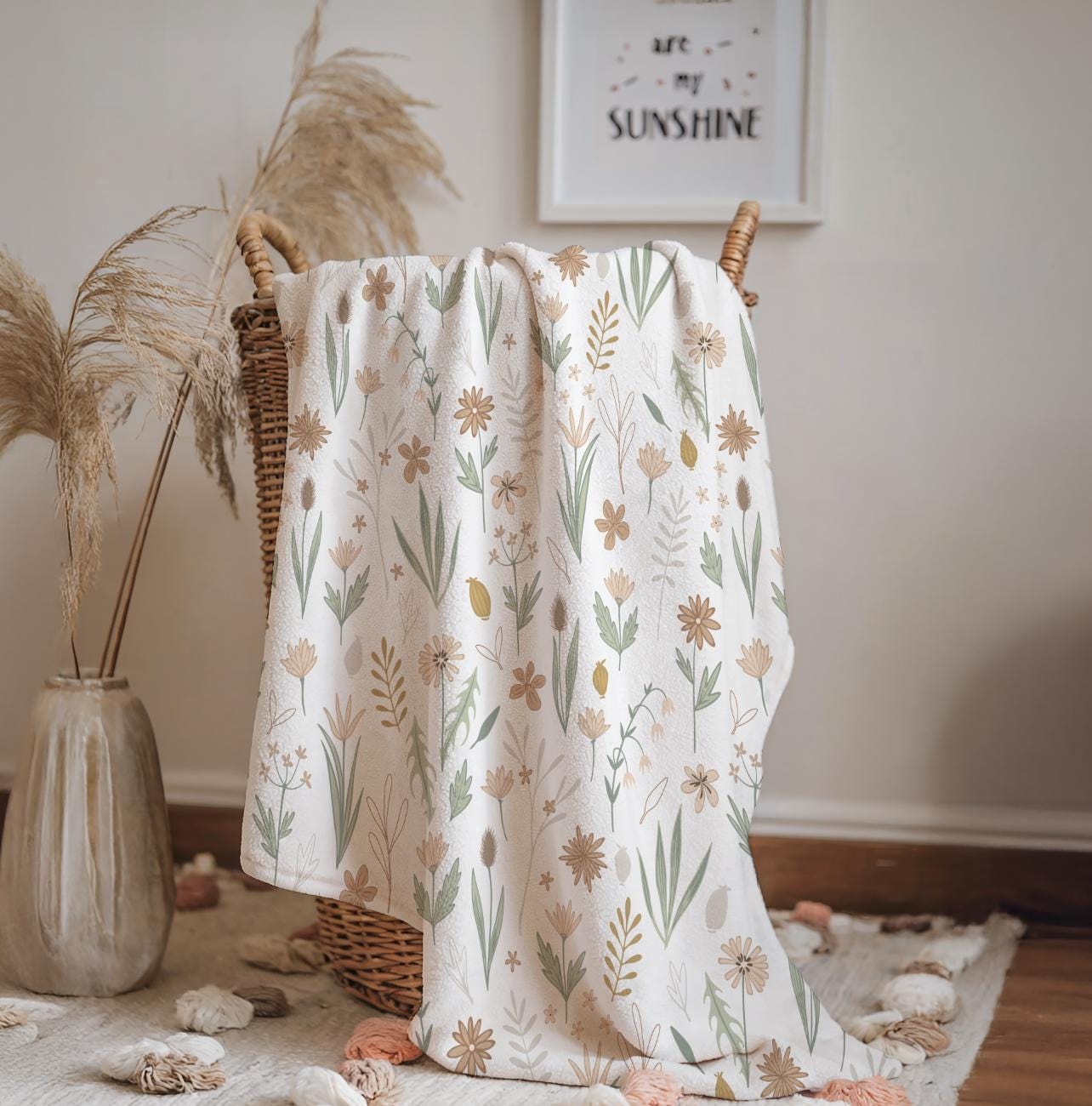 Flowers - Sage and Beige, Sherpa Fleece Blanket, Decor, Kids Bedding, Blankets, Children's Room, Floral, Flower, Pretty Girls Fleece Blanket