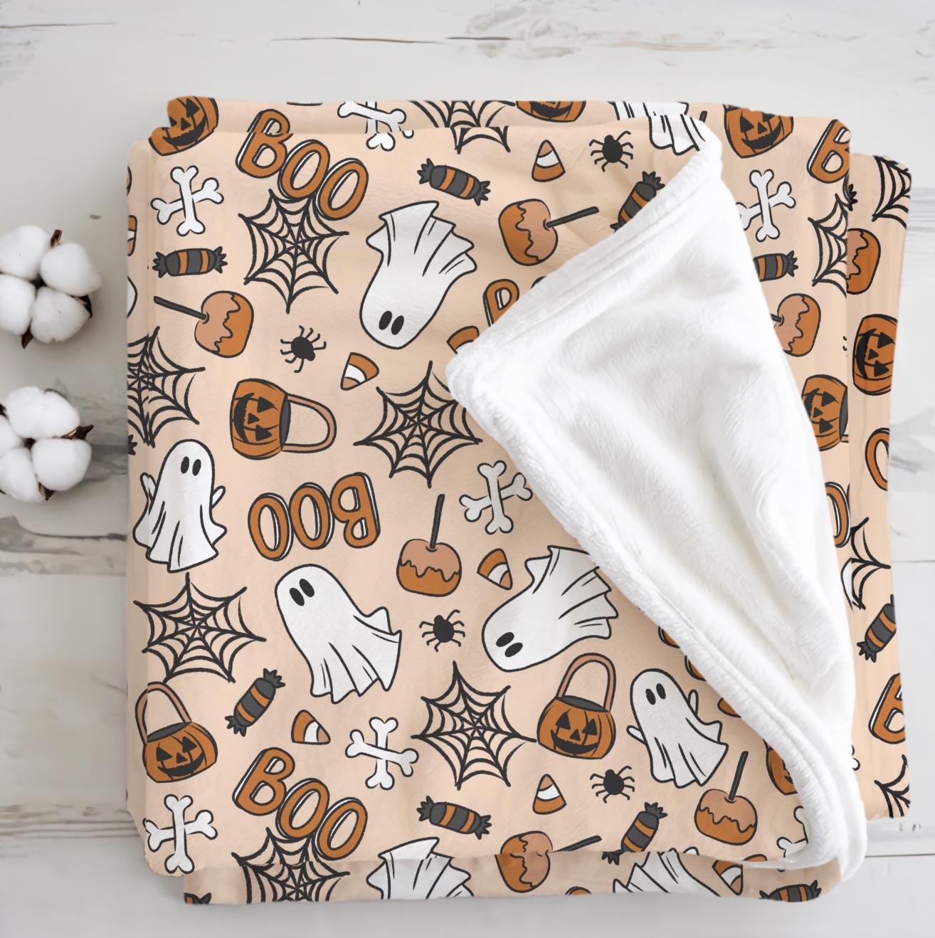Ghosts - Orange Boo, Sherpa Fleece Blanket, Decor, Kids Bedding, Blankets, Children's, Ghost Halloween, Candy, Boo, Fleece Blanket