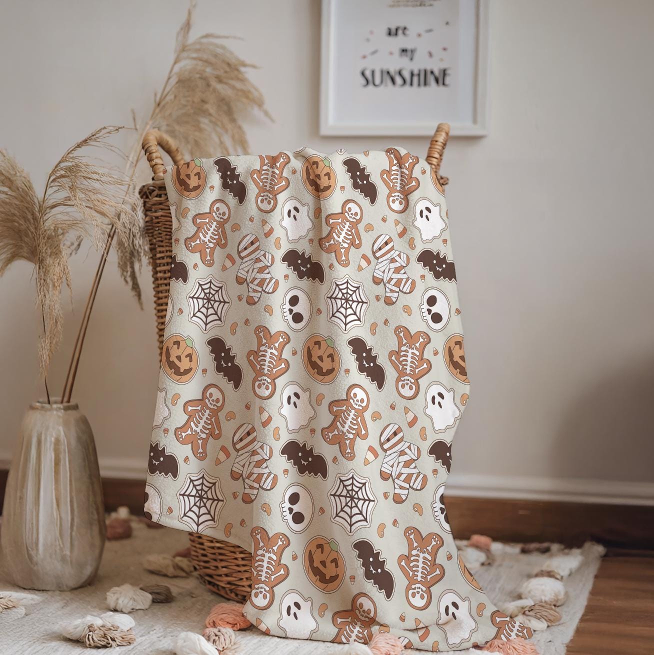 Halloween - Cookies, Sherpa Fleece Blanket, Decor, Kids Bedding, Blankets, Children's Room, Halloween Skeletons and Bats, Fleece Blanket