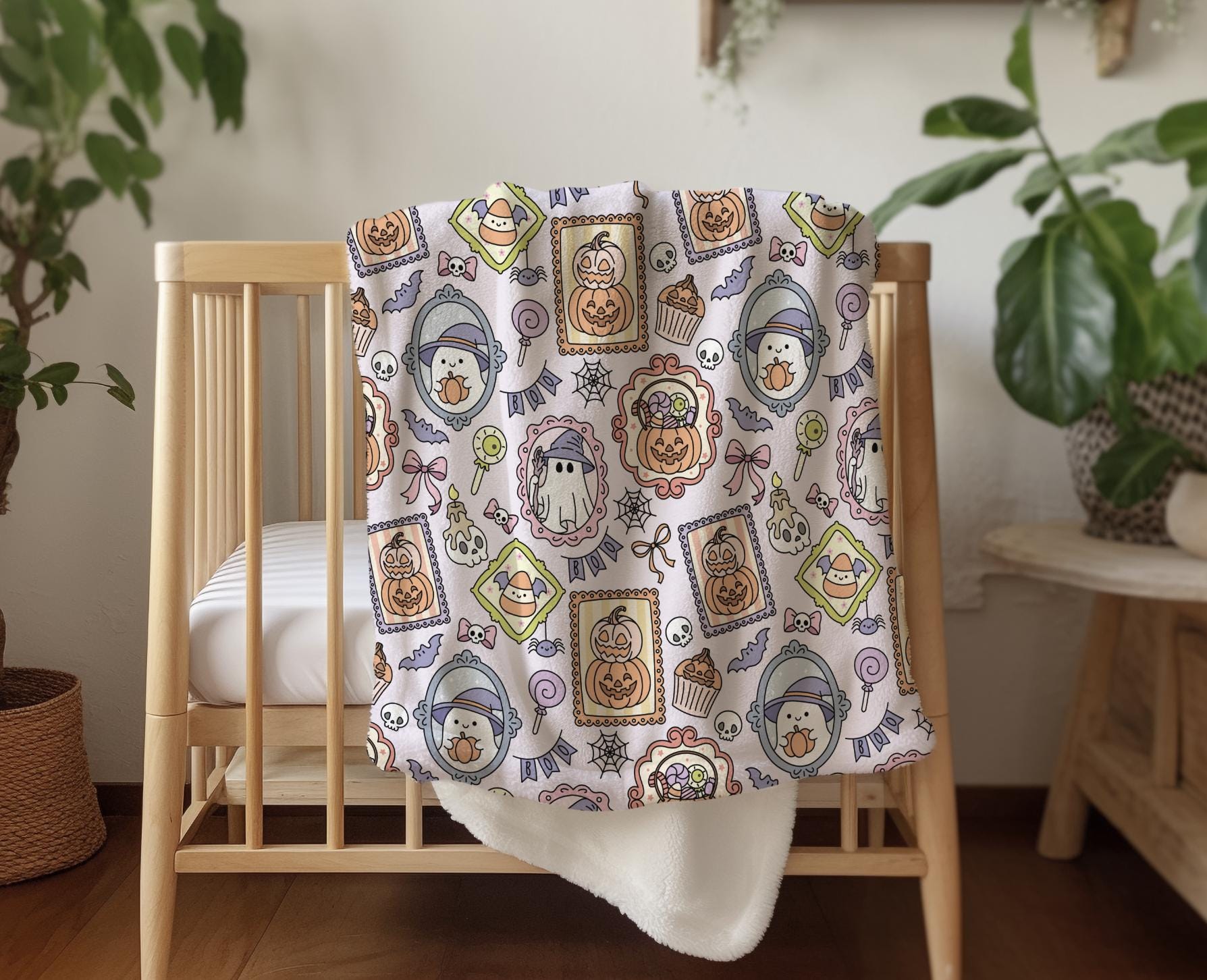 Halloween - Frames JLR, Sherpa Fleece Blanket, Decor, Kids Bedding, Purple, Children's Room, Halloween Ghost, Pumpkins, Fleece Blanket