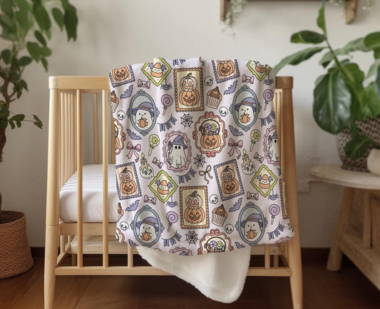 Halloween - Frames JLR, Sherpa Fleece Blanket, Decor, Kids Bedding, Purple, Children's Room, Halloween Ghost, Pumpkins, Fleece Blanket