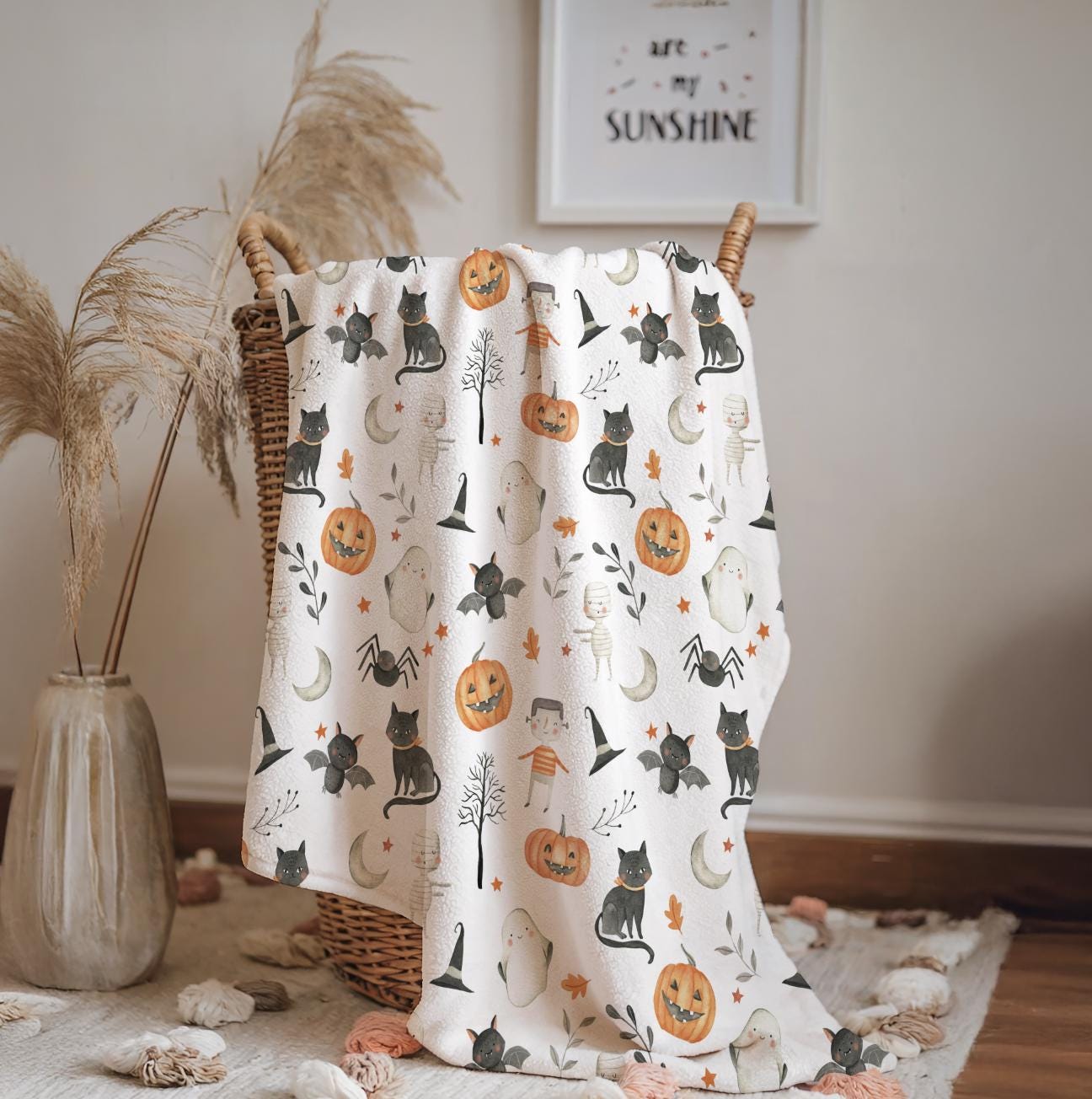 Halloween - Pumpkins and Cats, Sherpa Fleece Blanket, Decor, Kids Bedding, Blankets, Children's, Ghost Halloween, Pumpkins, Fleece Blanket
