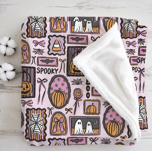 Halloween - Frames Pink, Sherpa Fleece Blanket, Decor, Kids Bedding, Purple, Children's Room, Halloween Ghost, Pumpkins, Fleece Blanket