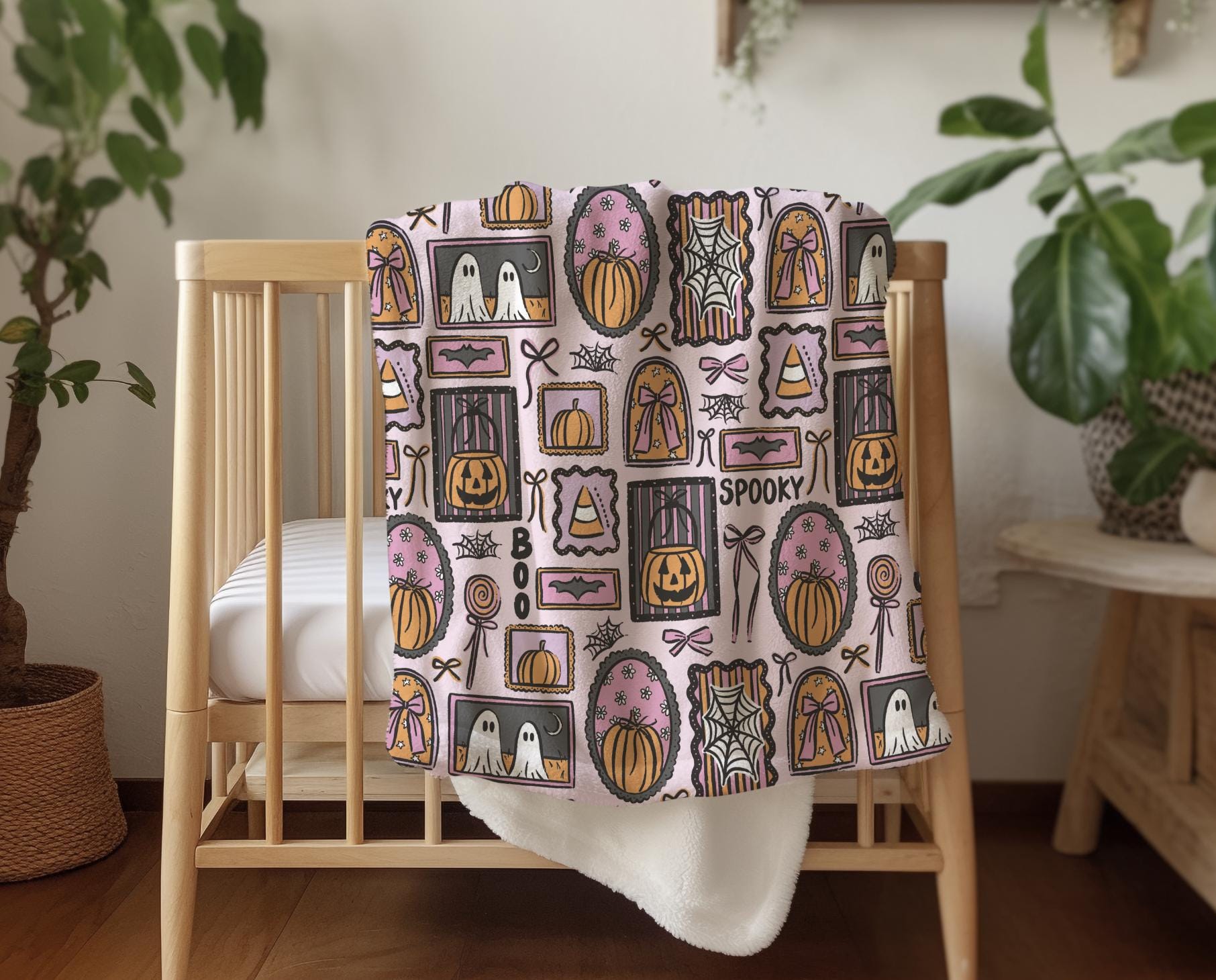 Halloween - Frames Pink, Sherpa Fleece Blanket, Decor, Kids Bedding, Purple, Children's Room, Halloween Ghost, Pumpkins, Fleece Blanket