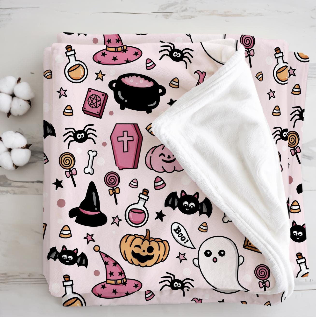 Halloween - Pink, Sherpa Fleece Blanket, Decor, Kids Bedding, Blankets, Children's, Ghost Halloween, Pumpkins, Fleece Blanket