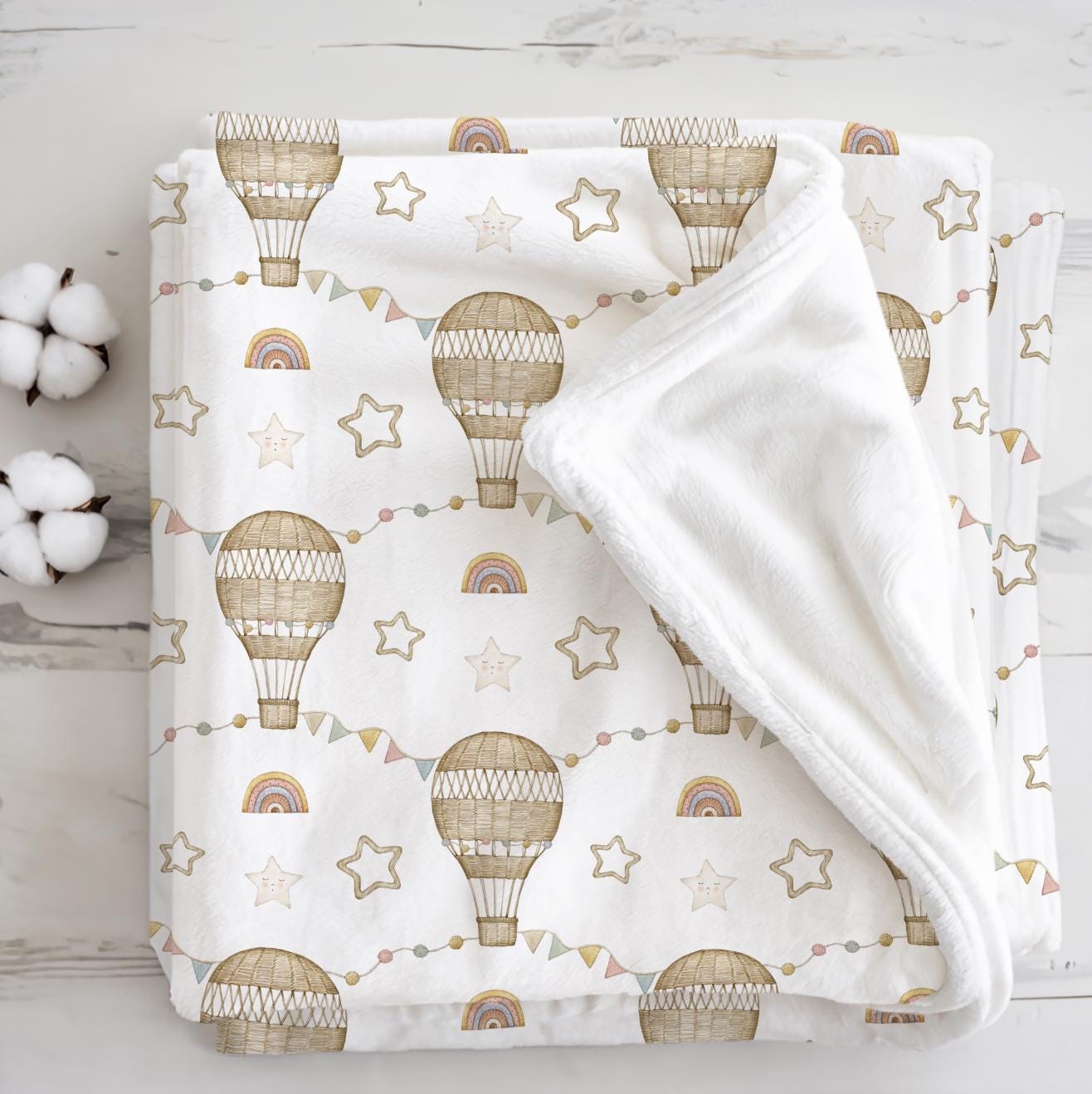 Hot Air Balloons - Wicker Rainbows, Sherpa Fleece Blanket, Decor, Kids Bedding, Children's Room, Hot Air Balloons Fleece Blanket