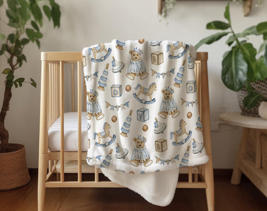 Vintage Bear - Blue, Sherpa Fleece Blanket, Decor, Kids Bedding, Blankets, Children's, Vintage Rocking Horse, Boys Fleece Blanket
