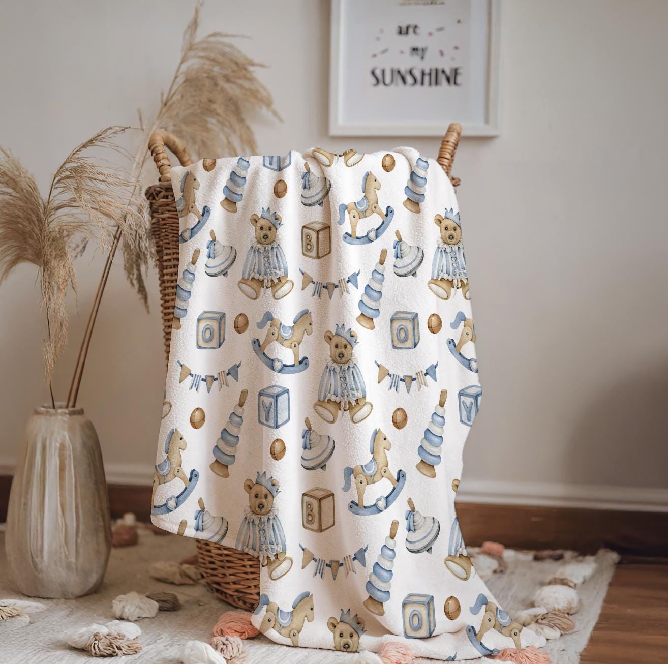 Vintage Bear - Blue, Sherpa Fleece Blanket, Decor, Kids Bedding, Blankets, Children's, Vintage Rocking Horse, Boys Fleece Blanket