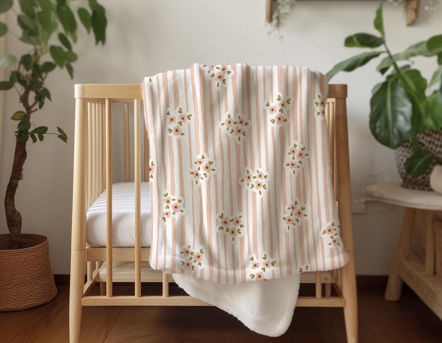 Stripes - Floral Pink, Sherpa Fleece Blanket, Decor, Kids Bedding, Blankets, Children's, Pretty Floral, Girls Fleece Blanket
