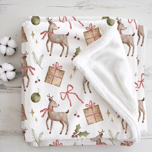 Reindeer - Watercolour, Sherpa Fleece Blanket, Decor, Kids Bedding, Blankets, Children's Festive blanket, Christmas, Fleece Blanket