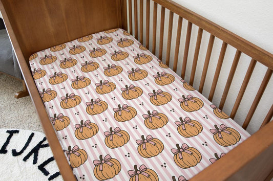 Pumpkins - Stripes - Pink, Bedding, Duvet Covers, Fitted Sheets, Festive bedding, Spooky Halloween, Pumpkins Bedding, Kids Bedding