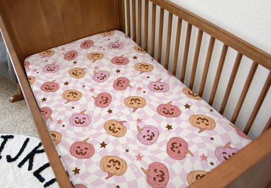 Pumpkins - Checkered - Pink, Bedding, Duvet Covers, Fitted Sheets, Festive bedding, Spooky Halloween, Pumpkins Bedding, Kids Bedding