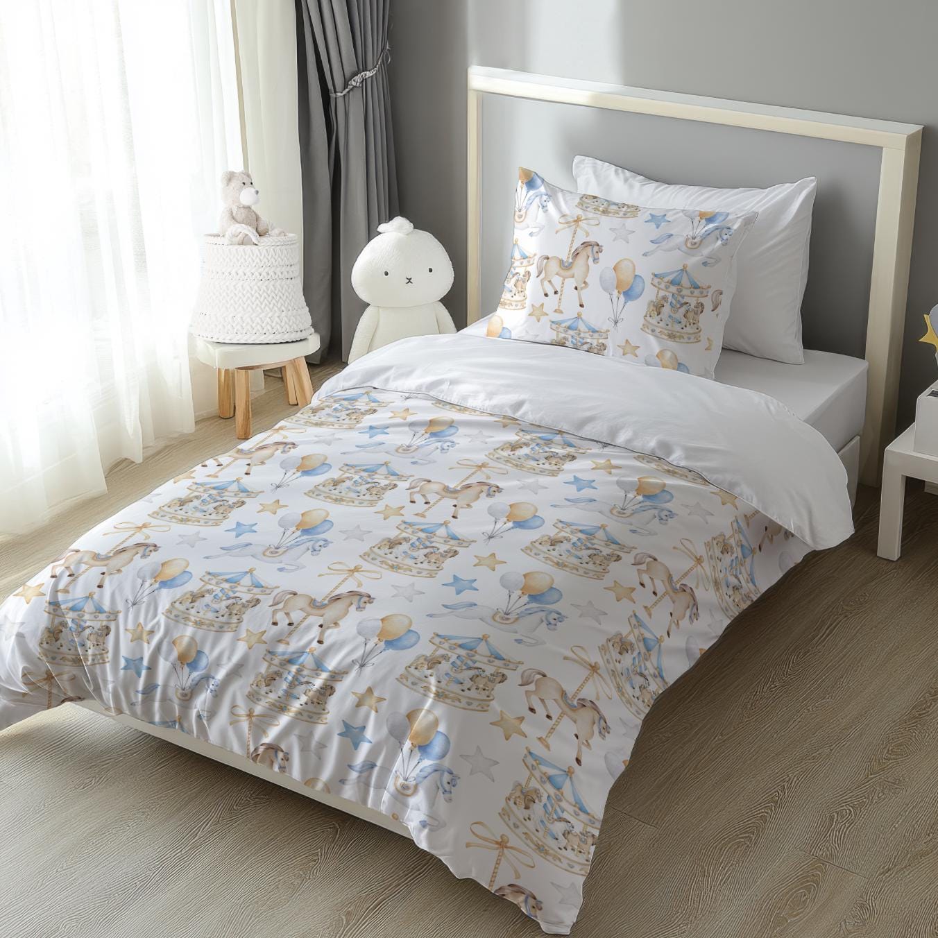 Carousel - Blue, Bedding, Duvet Covers, Fitted Sheets, Carousel Blue with Horses bedding, Cute Boys Bedding, Kids Bedding