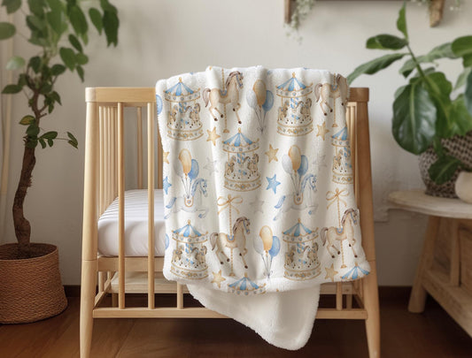 Carousel - Blue, Sherpa Fleece Blanket, Decor, Kids Bedding, Blankets, Childrens Room, Horse Carousel Blue, Elephants, Red, Balloons Blanket