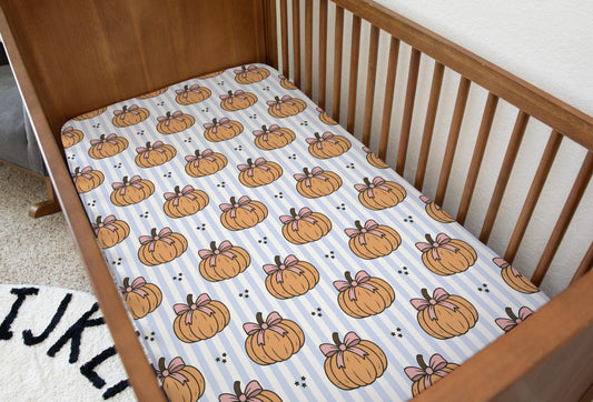 Pumpkins - Stripes - Blue, Bedding, Duvet Covers, Fitted Sheets, Festive bedding, Spooky Halloween, Pumpkins Bedding, Kids Bedding