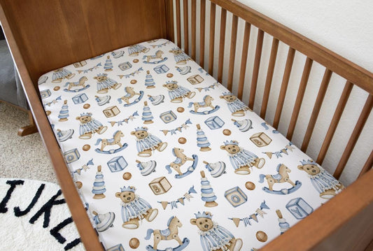 Vintage Bear - Blue, Bedding, Duvet Covers, Fitted Sheets, Vintage Blue Bears bedding, Cute Vintage Rocking Horse Bedding, Kids Bedding