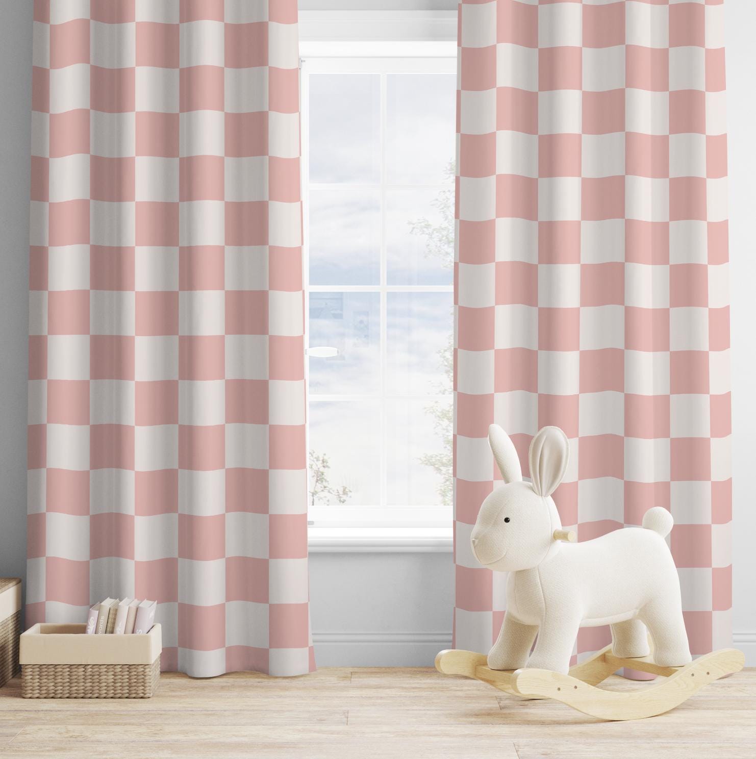 Curtains - Pink & White Checkered, Blackout or Non Blackout, Curtains with Eyelets, Pencil Pleat or Rod Pocket, Home Decor, Bedroom Curtains