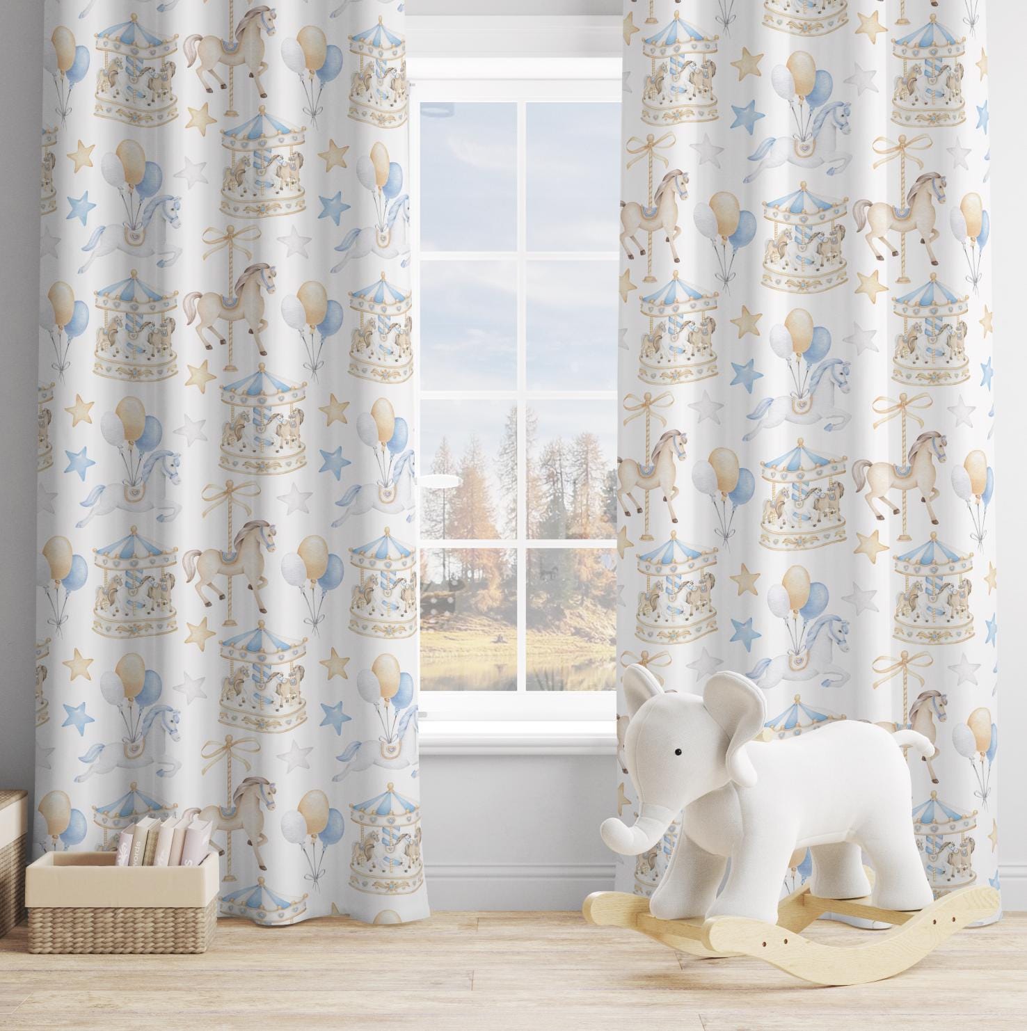 Carousel - Blue, Curtains, Blackout or Non Blackout, Eyelet, Pencil Pleat or Rod Pocket, Carousel Horse Curtains, Home Decor
