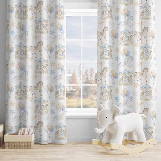 Carousel - Blue, Curtains, Blackout or Non Blackout, Eyelet, Pencil Pleat or Rod Pocket, Carousel Horse Curtains, Home Decor