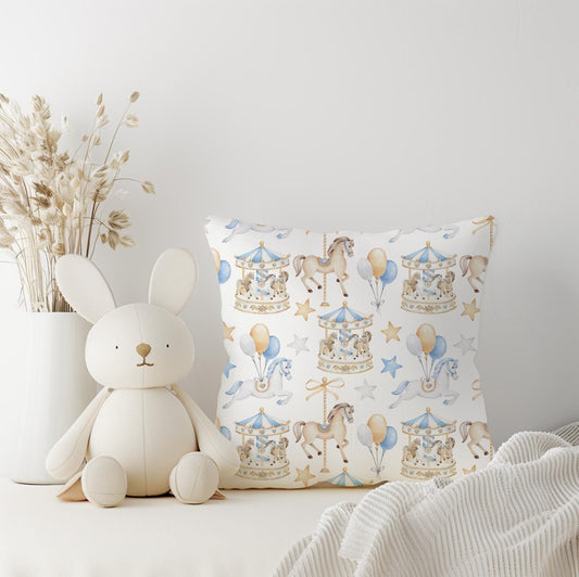 Carousel - BLUE Pillow, kids square throw pillow decor, Children's Room Decor, Cotbed bedding, carousel Horse - Blue