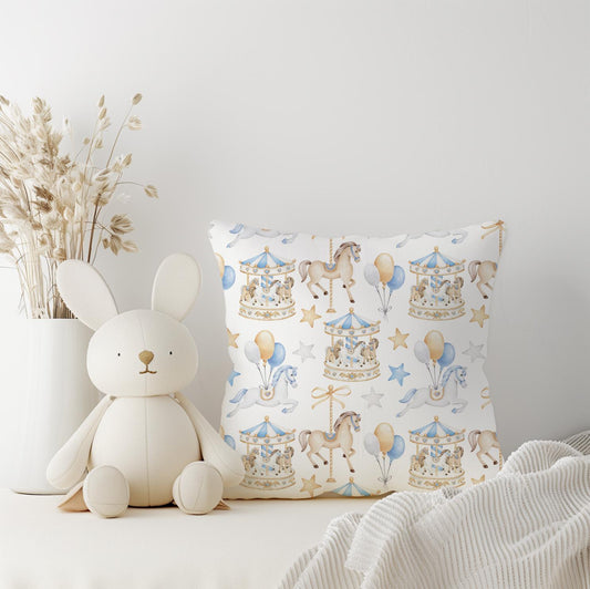 Carousel - BLUE Pillow, kids square throw pillow decor, Children's Room Decor, Cotbed bedding, carousel Horse - Blue