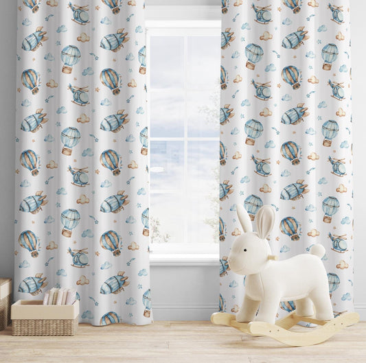 Multiple Hot Air Balloons + Blimp - Baby Blue Curtains, Nursery Curtains Non Blackout, Curtains with Eyelets