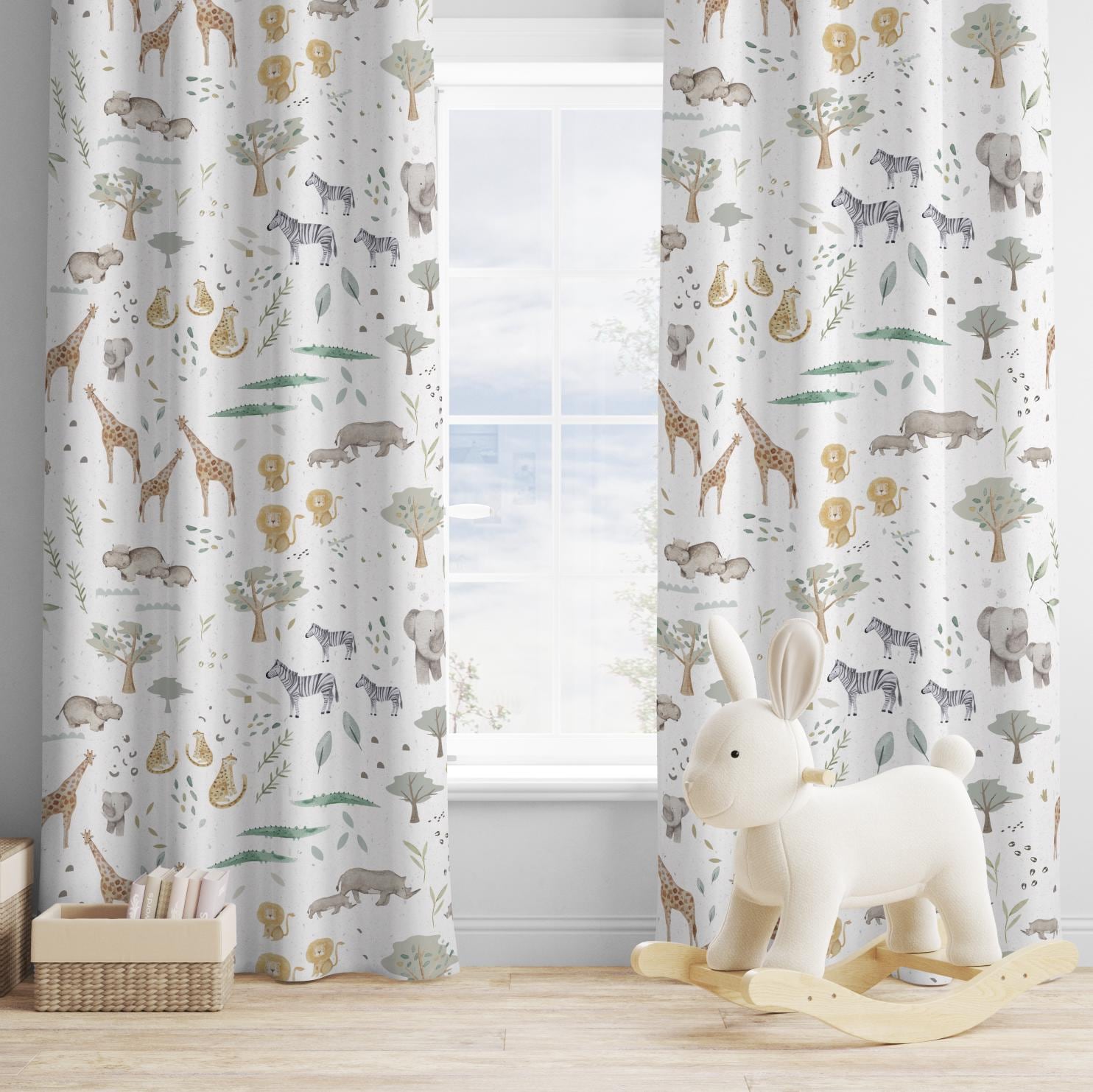 Safari Animals SALT, Curtains, Blackout or Non Blackout, Safari Curtains, Rod Pocket, Width 234cm (2x 117cm panels) Length 228cm