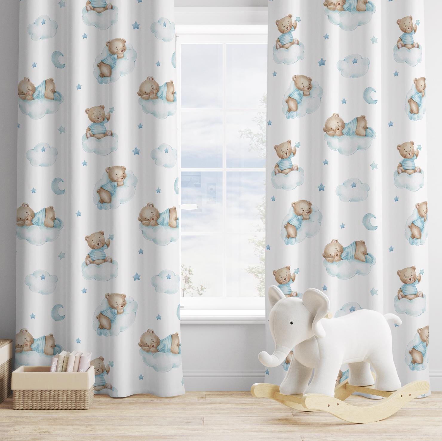 Brown Bears on Clouds (Blue) Curtains, Nursery Curtains Blackout or Non Blackout, Curtains with Eyelets, Ready to Post
