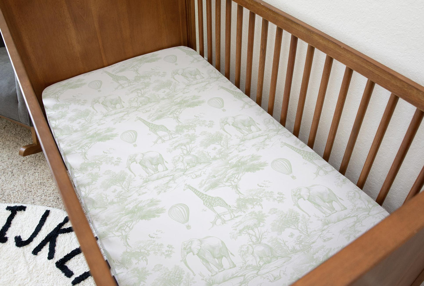 Chinoiserie Toile de Jouy Safari - GREEN, Bedding, Duvet Covers, Fitted Sheets, Safari theme with Hot Air Balloon, Kids Bedding