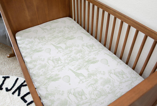 Chinoiserie Toile de Jouy Safari - GREEN, Bedding, Duvet Covers, Fitted Sheets, Safari theme with Hot Air Balloon, Kids Bedding