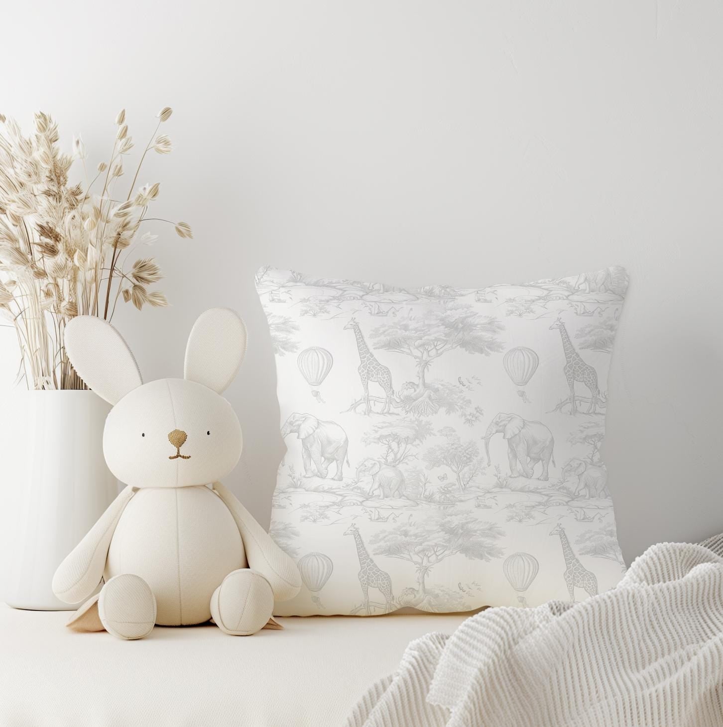 Chinoiserie Toile de Jouy Safari - GREY Pillow, kids square throw pillow decor, Children's Room Decor, Cotbed bedding, Hot air balloon