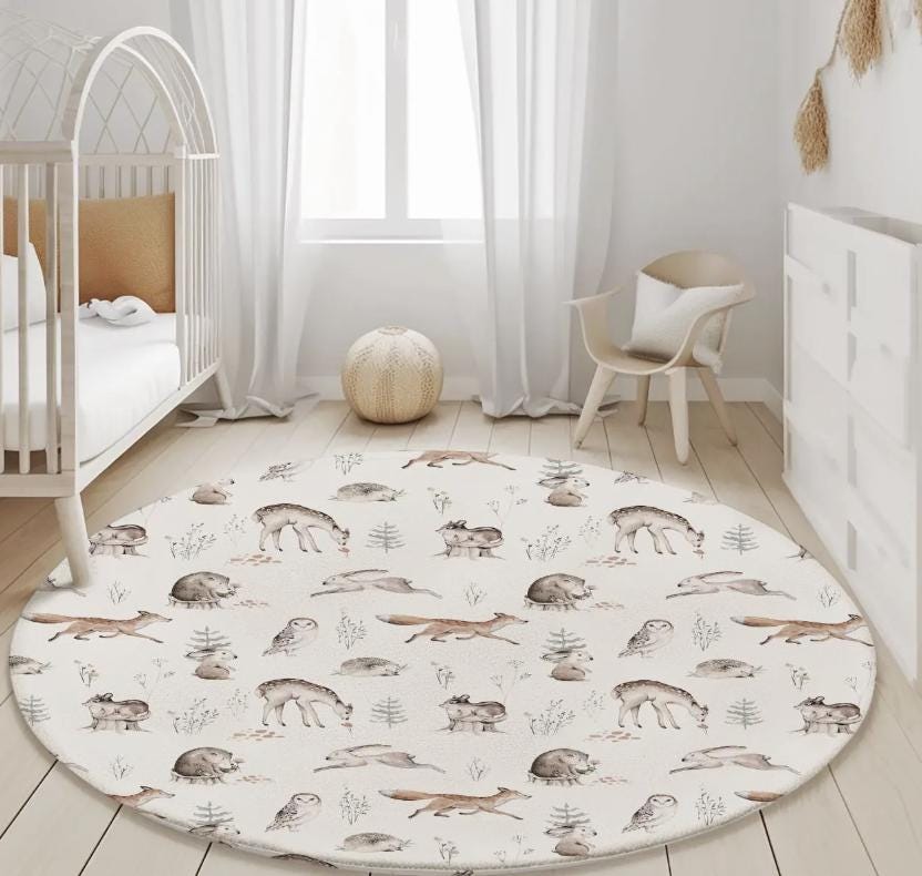 Woodland - Hedgehog and animals Rug, Round Carpet, kids decor, Children's Room Decor, Kids Round Rug, Kids Carpet, decor, Woodland decor