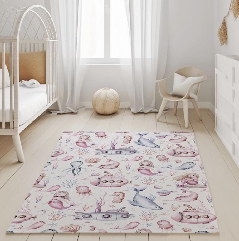 Pink Mermaids and Ocean Life, Rug, Carpet, kids decor, Children's Room Decor, Kids Rug, Kids Carpet, Personalised decor, Ocean decor